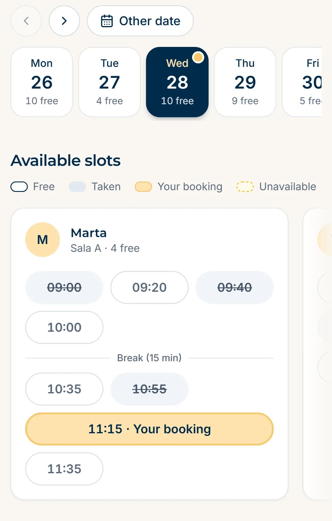 The booking system: a grid of free and taken massage slots